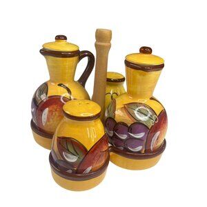 Ceramic Oil & Vinegar Cruet Set With Salt & Pepper Shakers Wooden Caddy Stand